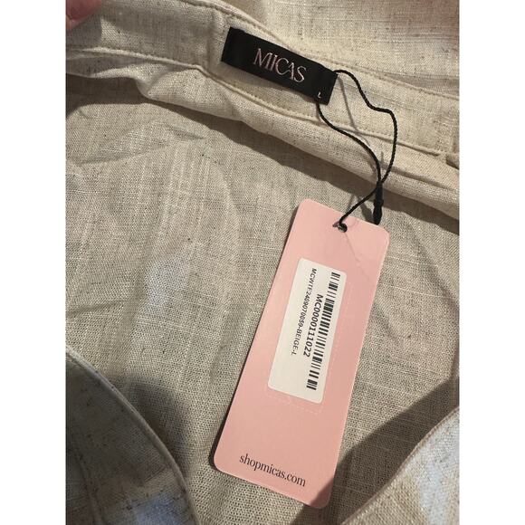 Micas Women's Large Beige Colorblock Faux Leather Linen Ruched Long-Sleeve Shirt - Picture 8 of 10